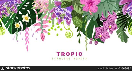 Tropical seamless border, green monstera leaves and pink tropical flowers including orchid and passiflora, hand drawn cartoon vector illustration