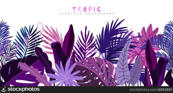 Tropical seamless border, monstera palm philodendron leaves, purple color, hand drawn vector illustration