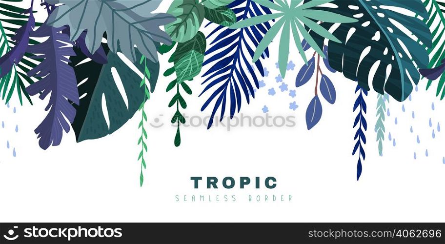 Tropical seamless border with blue monstera and palm leaves, hand drawn vector illustration