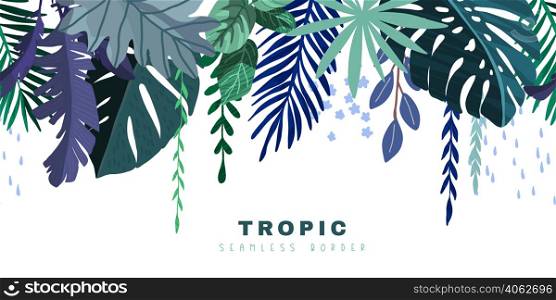 Tropical seamless border with blue monstera and palm leaves, hand drawn vector illustration