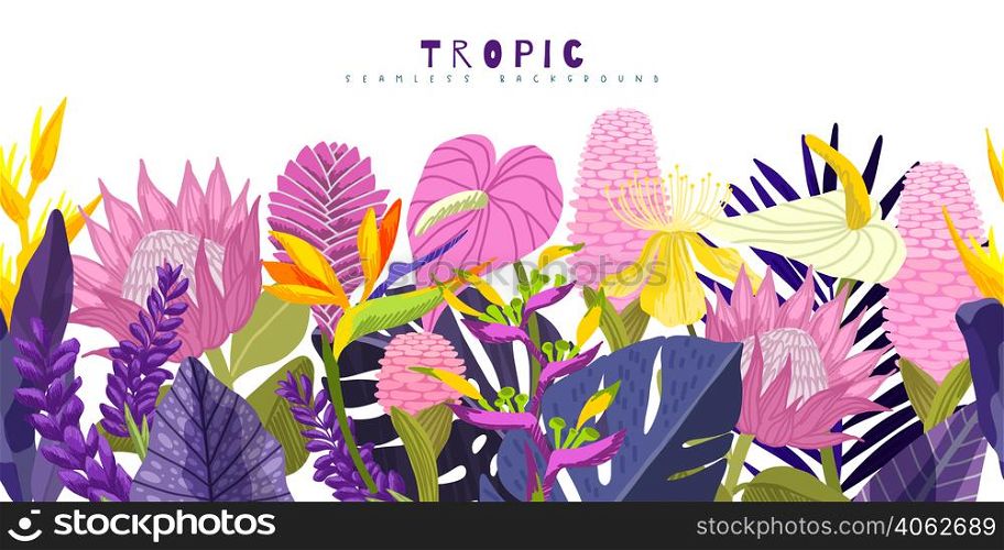 Tropical seamless border with pink tropical flowers and purple leaves, including ginger and protea, hand drawn vector illustration