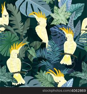 Tropical seamless pattern. Green leaves and white kakdu birds. Hand drawn vector illustration