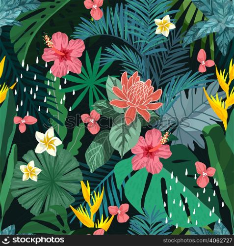 Tropical seamless pattern. Green monstera and palm leaves and red tropical flowers. Hand drawn vector illustration