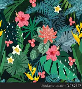 Tropical seamless pattern. Green monstera and palm leaves and red tropical flowers. Hand drawn vector illustration