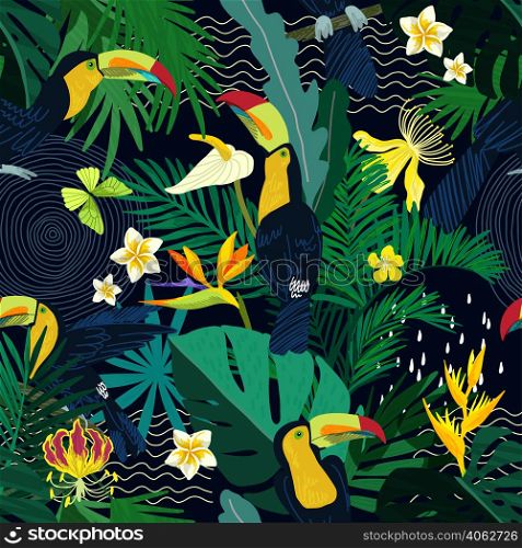 Tropical seamless pattern. Green tropical leaves, yellow flowers and cute toucans. Hand drawn vector illustration