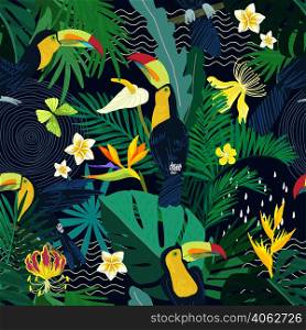 Tropical seamless pattern. Green tropical leaves, yellow flowers and cute toucans. Hand drawn vector illustration