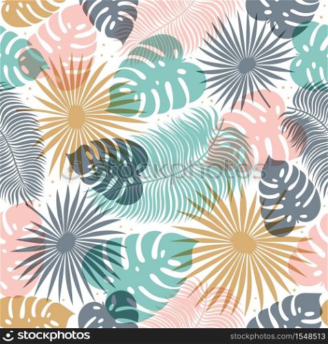Tropical seamless pattern in pastel colors. Summer tropical design with exotic palm leaves. Monstera, palm, banana leaves. Exotic botanical design. Summer jungle design. Vector illustration.. Tropical seamless pattern in pastel colors. Summer tropical design with exotic palm leaves. Monstera, palm, banana leaves. Exotic botanical design. Summer jungle design. Vector illustration
