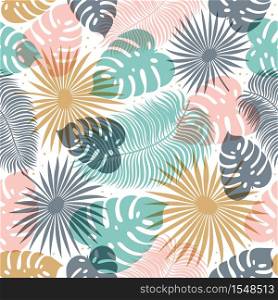 Tropical seamless pattern in pastel colors. Summer tropical design with exotic palm leaves. Monstera, palm, banana leaves. Exotic botanical design. Summer jungle design. Vector illustration.. Tropical seamless pattern in pastel colors. Summer tropical design with exotic palm leaves. Monstera, palm, banana leaves. Exotic botanical design. Summer jungle design. Vector illustration