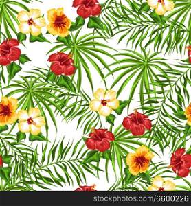Tropical seamless pattern. Palm leaves and hibiscus flowers.. Tropical seamless pattern.