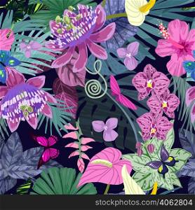 Tropical seamless pattern, purple tints, hand drawn vector illustration