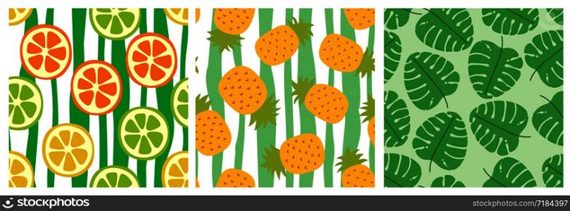 Tropical seamless pattern set. Pineapple and monstera. Orange, lemon, lime slices. Fashion design. Food print for clothes, linens or curtain. Hand drawn vector sketch. Exotic background collection