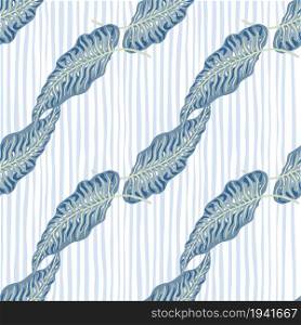 Tropical seamless pattern with abstract blue leaves on stripe background. Botanical foliage plants wallpaper. Exotic hawaiian backdrop. Design for fabric, textile print, wrapping, cover.. Tropical seamless pattern with abstract blue leaves on stripe background.