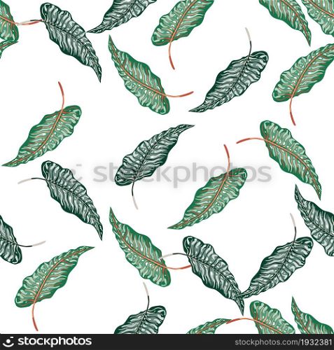 Tropical seamless pattern with beautiful leaves isolated on white background. Botanical foliage plants wallpaper. Exotic hawaiian backdrop. Design for fabric, textile print, wrapping, cover. Tropical seamless pattern with beautiful leaves isolated on white background.
