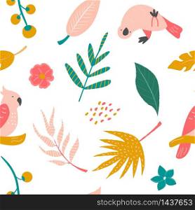 Tropical seamless pattern with birds and leaves. Vector illustration. Summer design. Tropical seamless pattern with birds and leaves