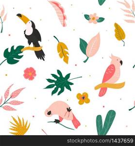 Tropical seamless pattern with birds and leaves. Vector illustration. Summer design. Tropical seamless pattern with birds and leaves