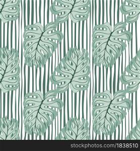 Tropical seamless pattern with blue monstera leaf shapes. Striped green and white background. Decorative backdrop for fabric design, textile print, wrapping, cover. Vector illustration.. Tropical seamless pattern with blue monstera leaf shapes. Striped green and white background.