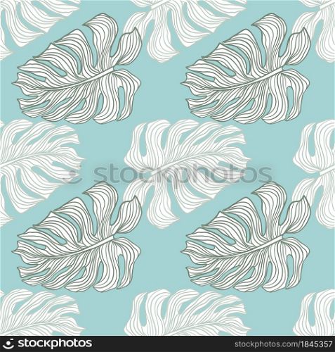 Tropical seamless pattern with contoured mostera leaves print. Blue background. Exotic style. Decorative backdrop for fabric design, textile print, wrapping, cover. Vector illustration.. Tropical seamless pattern with contoured mostera leaves print. Blue background. Exotic style.