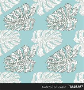 Tropical seamless pattern with contoured mostera leaves print. Blue background. Exotic style. Decorative backdrop for fabric design, textile print, wrapping, cover. Vector illustration.. Tropical seamless pattern with contoured mostera leaves print. Blue background. Exotic style.
