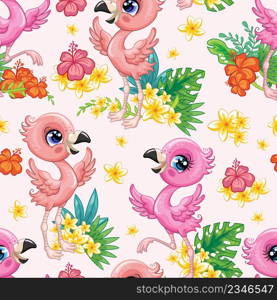 Tropical seamless pattern with cute flamingo birds and exotic flowers isolated on pink background. Vector illustration. For print, linen, design, wallpaper, decor, textile, packaging, kids apparel. Seamless tropical pattern with cute flamingo birds vector