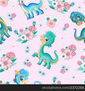Tropical seamless pattern with cute friendly diplodocus and flowers isolated on pink background. Cartoon vector illustration. For print, design, wallpaper, decor, textile, packaging, kids apparel. Seamless tropical pattern with cute diplodocus vector