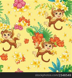 Tropical seamless pattern with cute monkey and exotic flowers isolated on yellow background. Vector illustration. For print, linen, design, wallpaper, decor, textile, packaging, kids apparel. Seamless tropical pattern with cute monkey vector