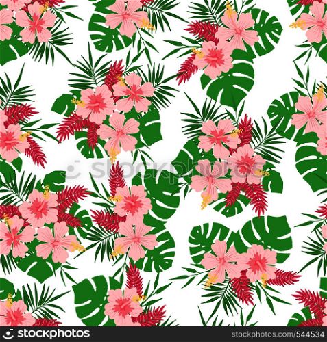 Tropical seamless pattern with exotic leaves and flowers. Design element for fabric, textile, wallpaper, scrapbooking or others. Vector illustration.. Seamless pattern with tropical leaves and flowers.