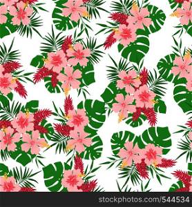 Tropical seamless pattern with exotic leaves and flowers. Design element for fabric, textile, wallpaper, scrapbooking or others. Vector illustration.. Seamless pattern with tropical leaves and flowers.