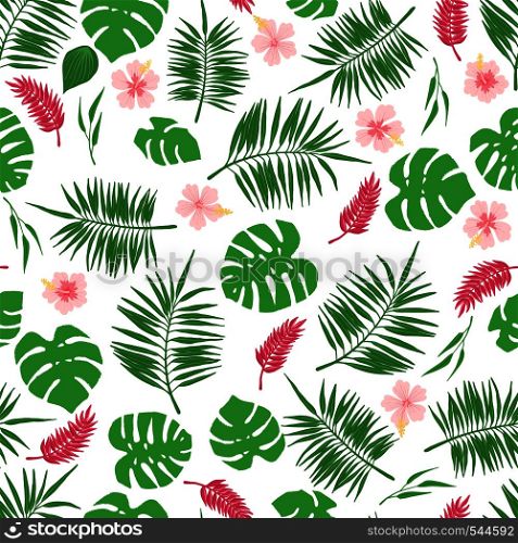 Tropical seamless pattern with exotic leaves and flowers. Design element for fabric, textile, wallpaper, scrapbooking or others. Vector illustration.. Tropical seamless pattern with exotic leaves and flowers.