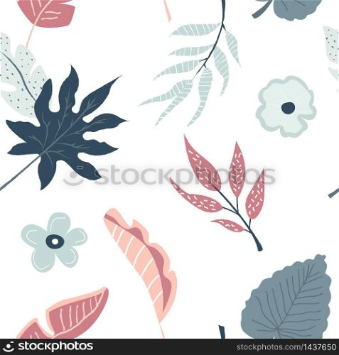 Tropical seamless pattern with flowers and leaves. Vector illustration. Summer design. Tropical seamless pattern with flowers and leaves