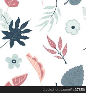 Tropical seamless pattern with flowers and leaves. Vector illustration. Summer design. Tropical seamless pattern with flowers and leaves