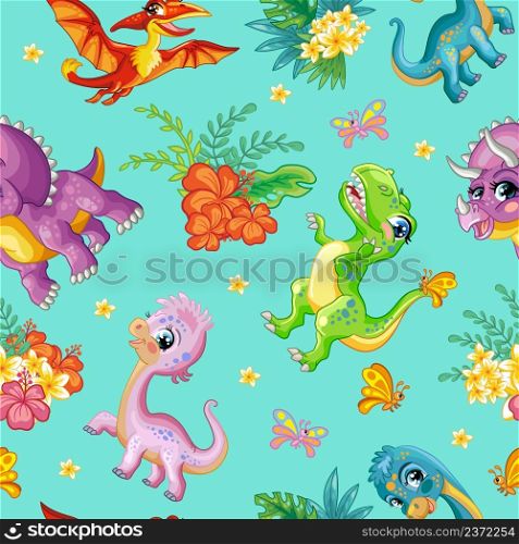 Tropical seamless pattern with friendly dinosaurs and exotic flowers isolated on turquoise background. Cartoon vector illustration. For print,design, wallpaper, decor, textile, packaging,kids apparel. Seamless tropical pattern with cute dinosaurs vector