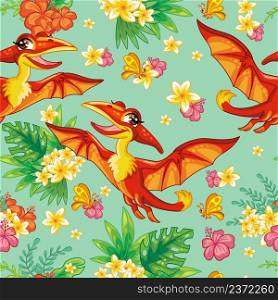 Tropical seamless pattern with friendly pterodactyl and exotic flowers isolated on turquoise background. Cartoon vector illustration. For print, linen, design, wallpaper, decor, textile, kids apparel. Seamless tropical pattern with cute pterodactyl vector