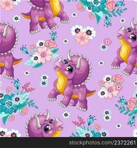 Tropical seamless pattern with friendly triceratops and exotic flowers isolated on purple background. Cartoon vector illustration. For print, design, wallpaper, decor, textile, packaging, kids apparel. Seamless tropical pattern with cute triceratops vector