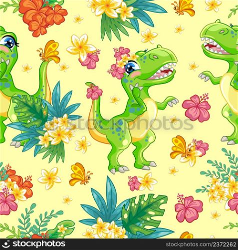 Tropical seamless pattern with friendly tyrannosaurus and exotic flowers isolated on yellow background. Vector cartoon illustration.For print, linen, design, wallpaper, textile, packaging,kids apparel. Seamless tropical pattern with cute tyrannosaurus vector