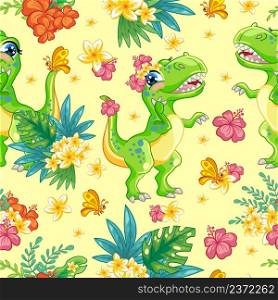 Tropical seamless pattern with friendly tyrannosaurus and exotic flowers isolated on yellow background. Vector cartoon illustration.For print, linen, design, wallpaper, textile, packaging,kids apparel. Seamless tropical pattern with cute tyrannosaurus vector