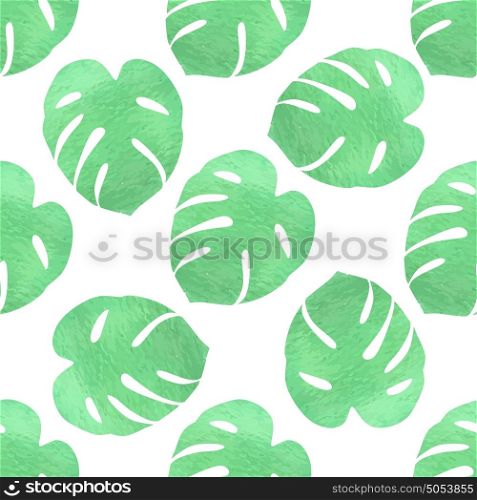 Tropical seamless pattern with green watercolor leaves on a white background