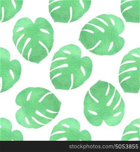 Tropical seamless pattern with green watercolor leaves on a white background