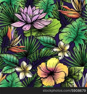 Tropical seamless pattern with hand drawn leaves and flowers vector illustration. Tropical Seamless Pattern