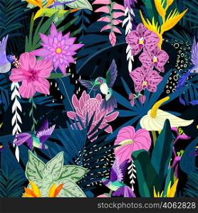 Tropical seamless pattern with hummingbirds and orchid flowers. Hand drawn vector illustration