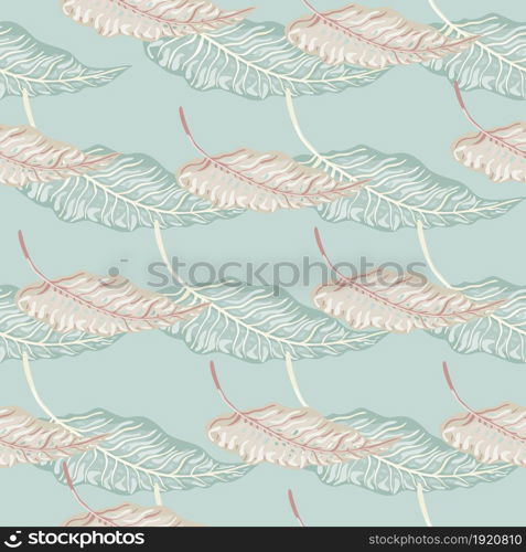 Tropical seamless pattern with leaves on blue background. Botanical foliage plants wallpaper. Exotic hawaiian backdrop. Design for fabric, textile print, wrapping, cover. Vector illustration. Tropical seamless pattern with leaves on blue background. Botanical foliage plants wallpaper.