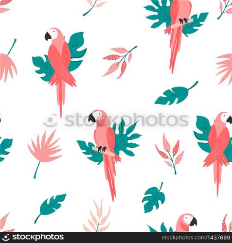 Tropical seamless pattern with macaws and leaves. Vector illustration. Summer design. Tropical seamless pattern with birds and leaves
