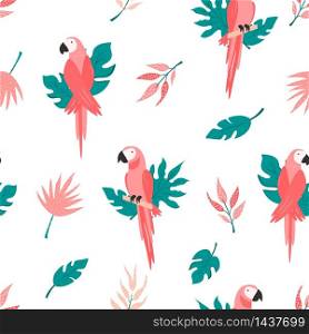 Tropical seamless pattern with macaws and leaves. Vector illustration. Summer design. Tropical seamless pattern with birds and leaves