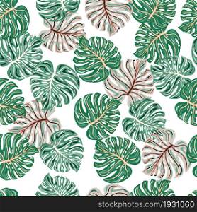 Tropical seamless pattern with monstera leaves isolated on white background. Fashion botanical foliage plants wallpaper. Exotic hawaiian backdrop. Design for fabric, textile print, wrapping. Tropical seamless pattern with monstera leaves isolated on white background.
