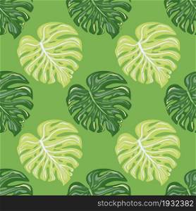 Tropical seamless pattern with monstera leaves on bright green background. Botanical foliage plants wallpaper. Exotic hawaiian backdrop. Design for fabric, textile print, wrapping, cover. Tropical seamless pattern with monstera leaves on bright green background.