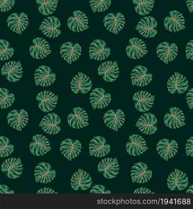 Tropical seamless pattern with monstera leaves on dark background. Botanical foliage plants wallpaper. Exotic hawaiian backdrop. Design for fabric, textile print, wrapping, cover. Vector illustration. Tropical seamless pattern with monstera leaves on dark background.