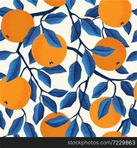 Tropical seamless pattern with oranges. Fruit repeated background. Vector bright print for fabric wallpaper.. Tropical seamless pattern with oranges. Fruit repeated background. Vector bright print for fabric or wallpaper.