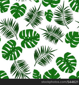 Tropical seamless pattern with palm and monstera leaves. Design element for fabric, textile, wallpaper, scrapbooking or others. Vector illustration.. Tropical seamless pattern with palm and monstera leaves.