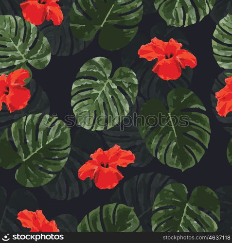 Tropical seamless pattern with palm monstera leaves and flowers, vector illustration