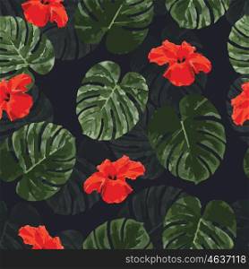 Tropical seamless pattern with palm monstera leaves and flowers, vector illustration