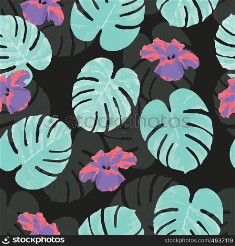 Tropical seamless pattern with palm monstera leaves and flowers, vector illustration